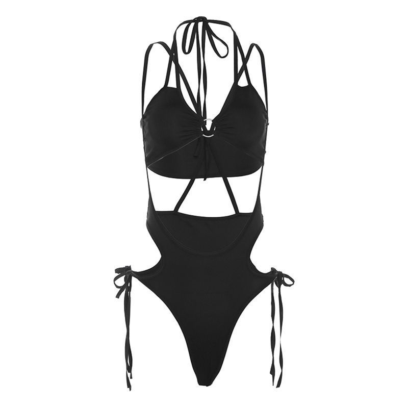New Sexy Deep V-strap Hanging Neck Hollow Out Large Leak Back Two-piece Set For Women With Chest Cushion Pleats_ecoleips.com