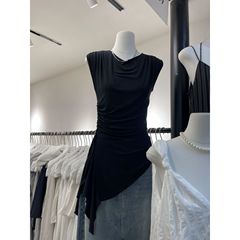 2025夏裝女新款收腰無袖背心修身設計感小眾不規則開叉灰色上衣