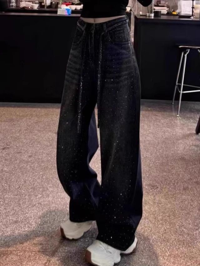 ​​Glam Distressed Wide-Leg Jeans For Women – Dark Gray Star & Diamond Embellished Denim Pants (S-2XL)​​_mkmklike.com