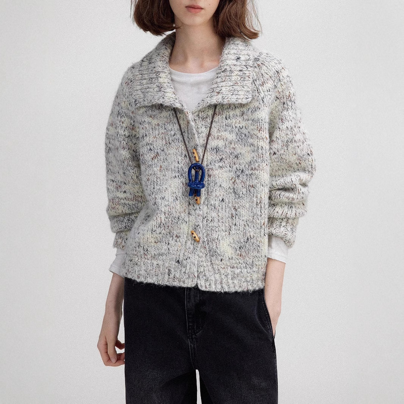 The First Snowy Morning' Retro Variegated Sheep Wool Soft and Waxy Warm Horn Button Lazy Knitted Sweater for Women