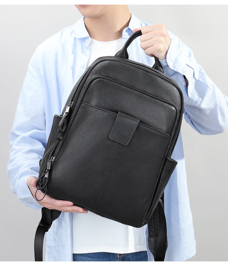 Ba lô da bò thật cho nam phong cách đường phố, đựng vừa laptop 14 inch, dung tích dưới 20L — Màu đen chi tiết 14