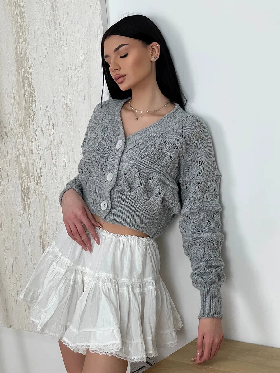 Вязаный весенний кардиган европейский и американский короткий кардиган