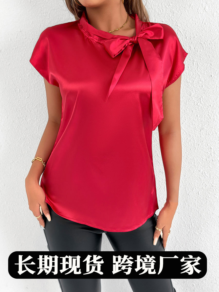 Fotos reales de ropa femenina de Amazon para el mercado europeo y americano, camisetas de seda sintética de verano, blusas de satén para mujer, comercio exterior.