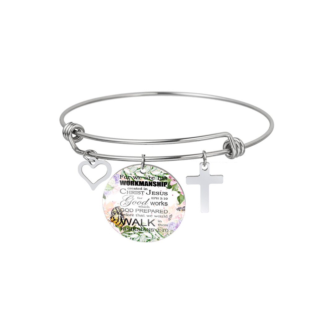 Retro Cross Round Letter Stainless Steel Bangle