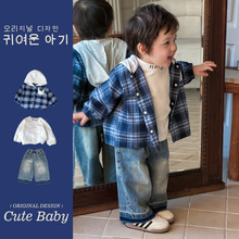 婴儿套装2026春款韩式风童装男宝宝衣服分体格子衬衫牛仔裤三件套