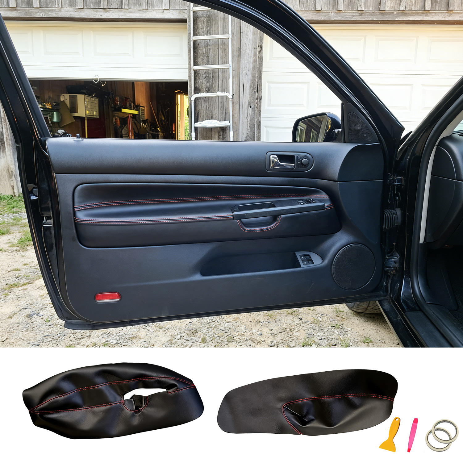 Gaofe For Golf MK4 3-Door Door Panel Armrest Leather Cover 98-05 Interior (Sürətlər qutusu və əl tormozu başlıqları) - black-leather-black-thread-golf-4-3-door-front-door-pair-609084