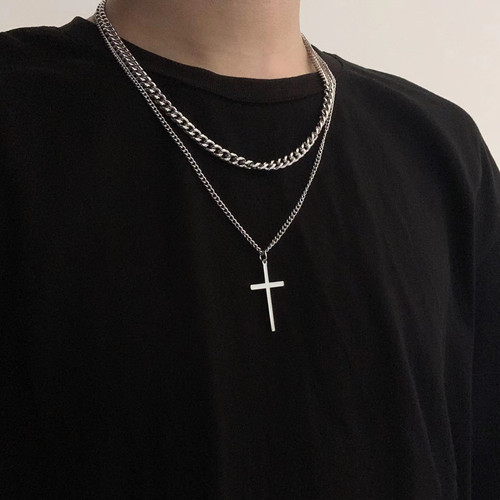 Titanium steel double cross necklace for men trendy dance hip-hop for women individual versatile sweatshirt accessory