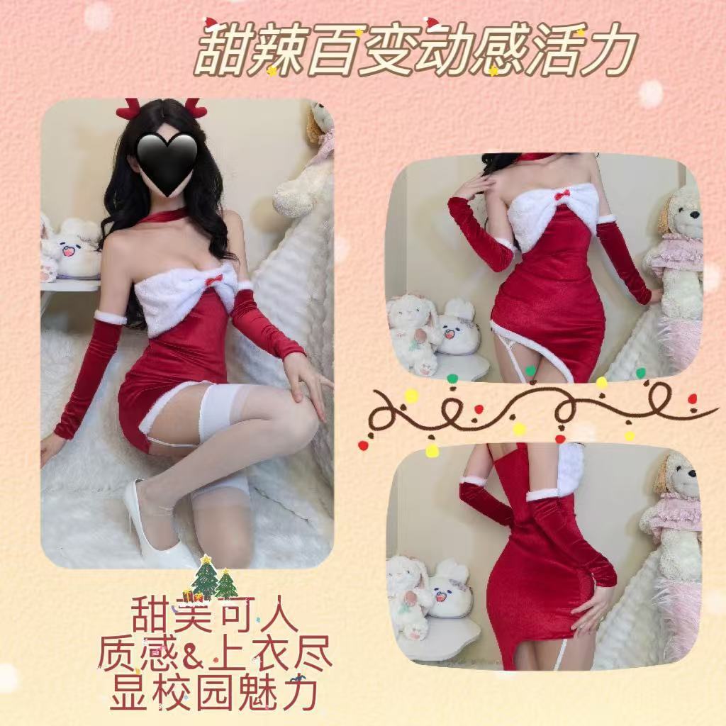 Christmas Bunny Costume Set with Dress, Gloves, Ears and White Garter — detail image 6