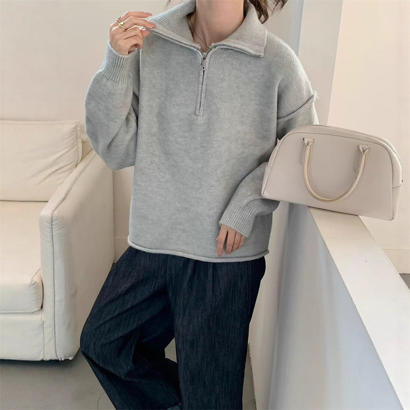欧美跨境半拉链套头毛衣女秋冬新款宽松慵懒风休闲立领针织衫上衣|undefined
