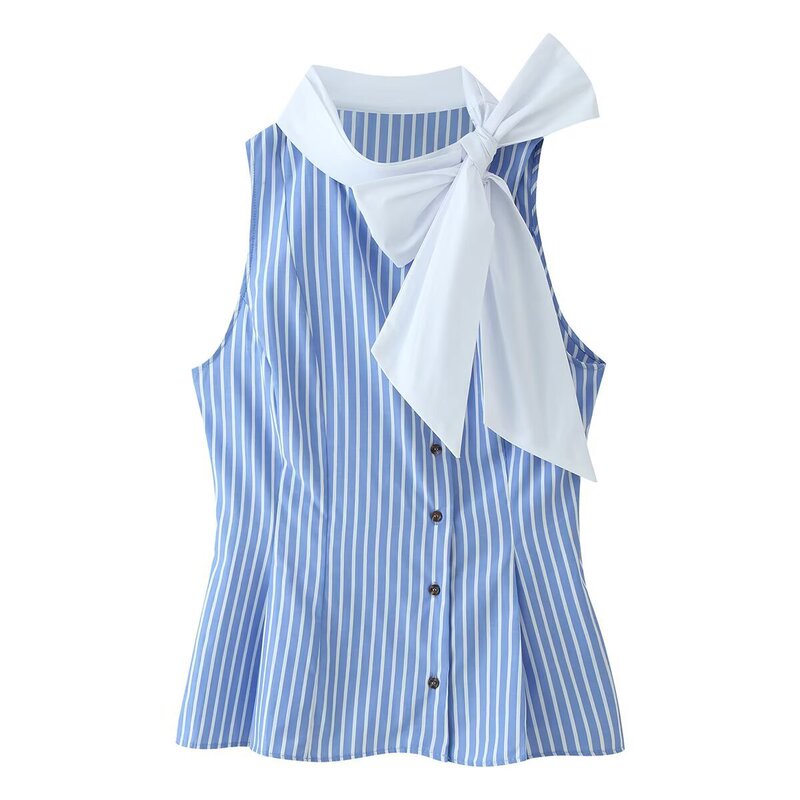 Cross-border women's clothing 2026 new European and American fashion striped sleeveless shirt with button and bow decoration, high-end wholesale