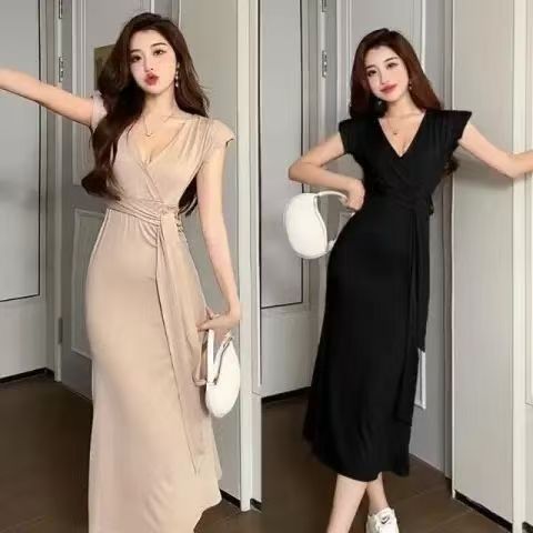 轻熟御姐范气质V领绑带收腰裙修身显瘦包臀中长款鱼尾连衣裙