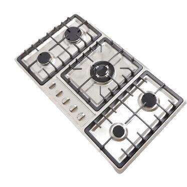 Estufa de gas de 5 quemadores con panel de vidrio, apta para gas natural y licuado, encendido automático.