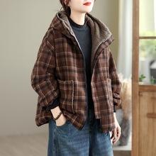 琪镌绘制两面穿棉衣冬季新款文艺格子连帽保暖加厚棉服外套女DS58