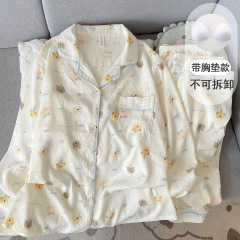 带胸垫纯棉纱布睡衣女长袖长裤春秋款套装可爱小狗开衫家居服夏季