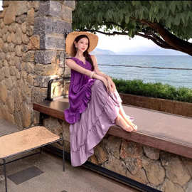 新疆云南旅游多巴胺海岛很明媚的穿搭紫色系棉麻裙子连衣裙女
