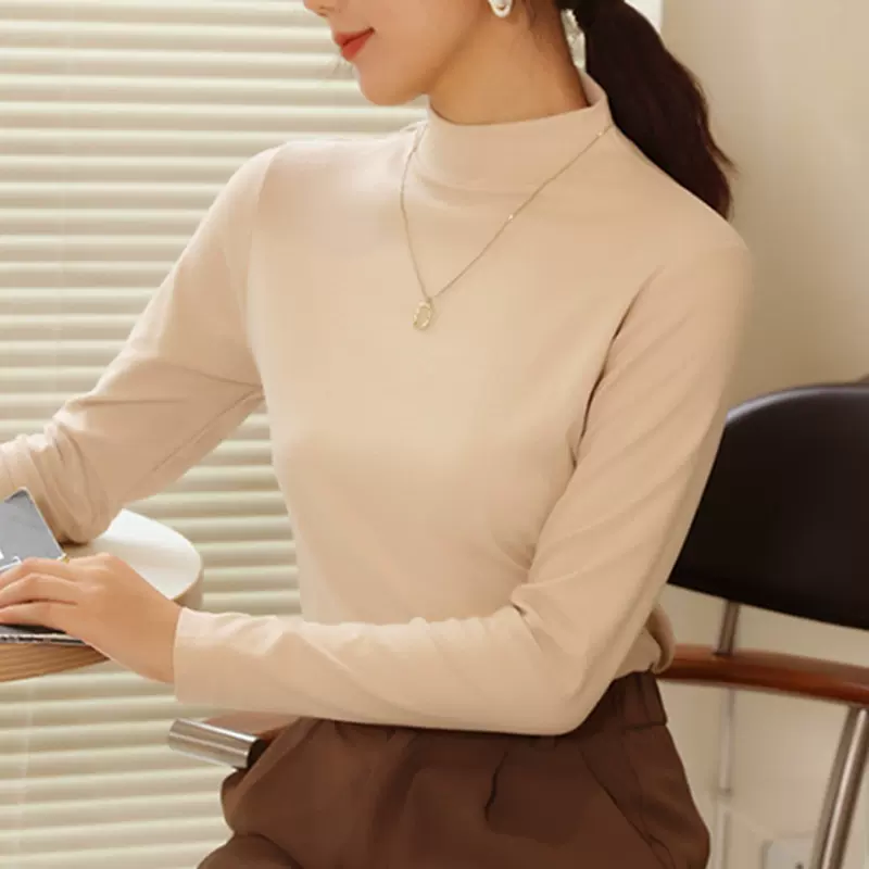 高领双面德绒打底衫女秋冬加绒加厚内搭磨毛半高领保暖上衣外穿