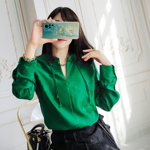 High-end running price 26 m heavy jacquard silk top Chinese style buckle shirt Women's Spring and Autumn long sleeve shirt