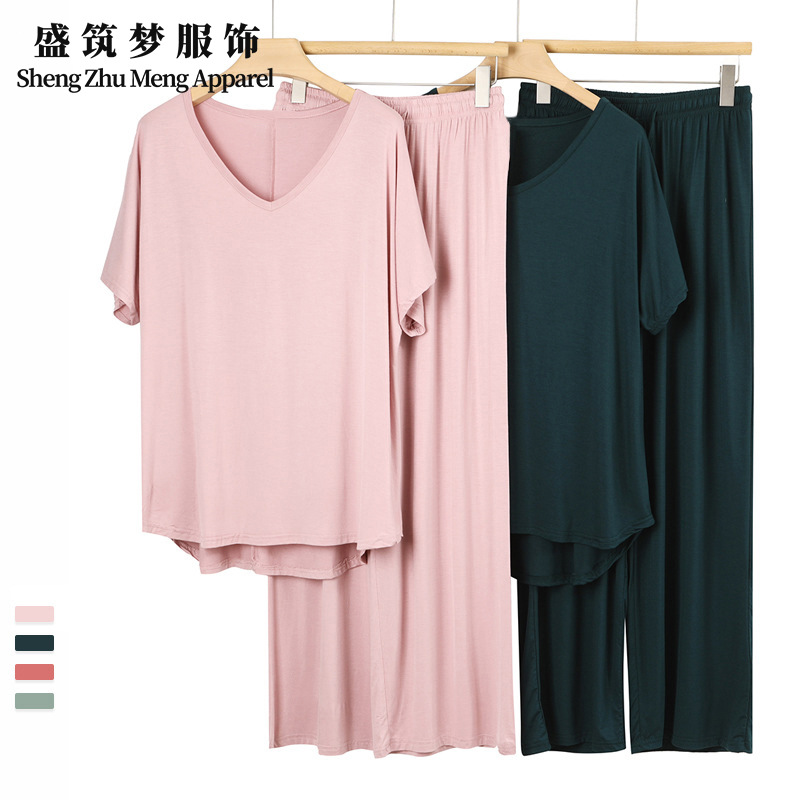Cross-border Spring and Summer plus size Fat Edition Modal Color Contrast Casual Loose Short-sleeved Wide-leg Pants Home Clothes Pajamas suit Women
