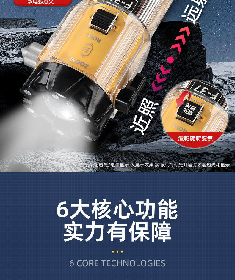 Cross-Border New Model White Laser Flashlight with Hammer, Multifunctional Outdoor Vehicle-Mounted Emergency Roller Zoom, Multi-Scenario Alarm
