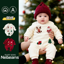 韩版洋气潮款秋冬婴幼儿圣诞节连身衣外出服男女宝宝加绒哈衣爬服