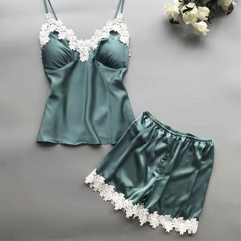 Пижамный набор для женщин, атласный лоскутный топ-с camisole и шорты, лето, расширенный размер (S–2XL)