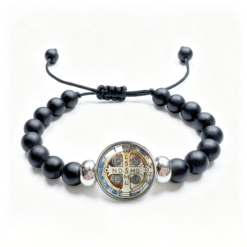 Cross-border Saint Benedict Medal Black Matte Beaded Bracelet Adjustable Braided Bracelet Personalized Versatile Decorative Accessory
