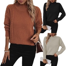 欧美秋冬新款毛衣女士针织衫跨境宽松半高圆领开叉麻花打底衫上衣
