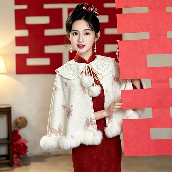 Bride's fur shawl, wedding dress, cheongsam, autumn and winter warm outerwear, butterfly coat, large fur collar cape