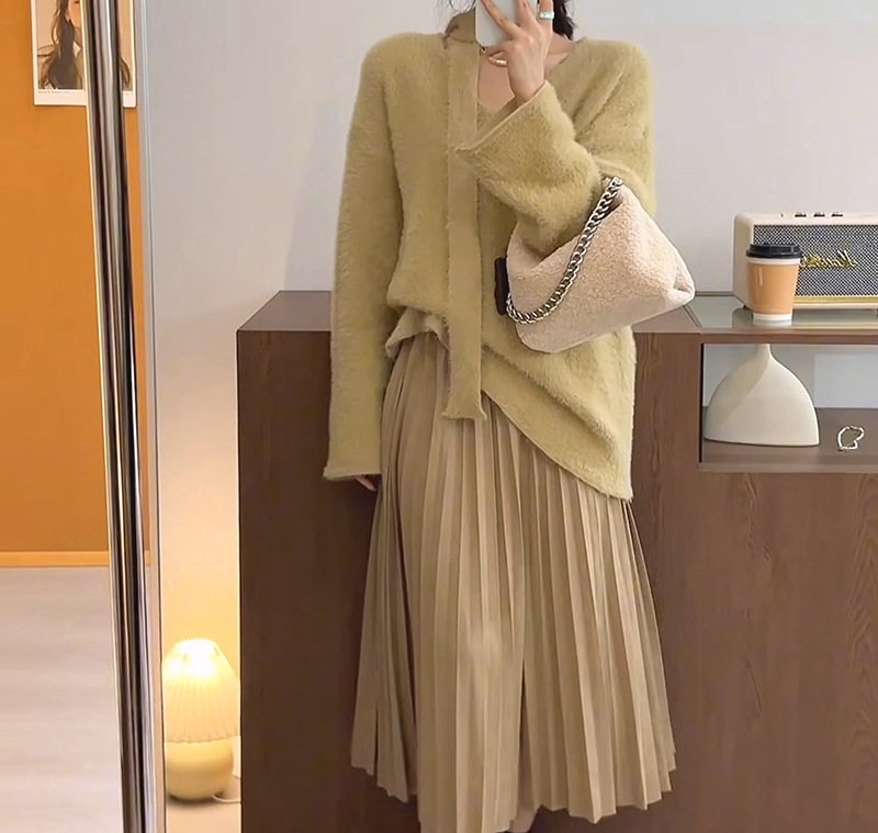 Sciarpa con scollo a V in stile coreano con pullover in pelliccia di visone, morbida maglia appiccicosa per l'autunno e l'inverno delle donne_voghion.com