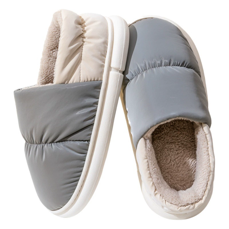 Мужские пуховые хлопчатобумажные шлепанцы зимние комнатные чемоданки теплые толстые подошвы для дома водонепроницаемые хлопчатобумажные туфли для женщин можно носить на улице зимой