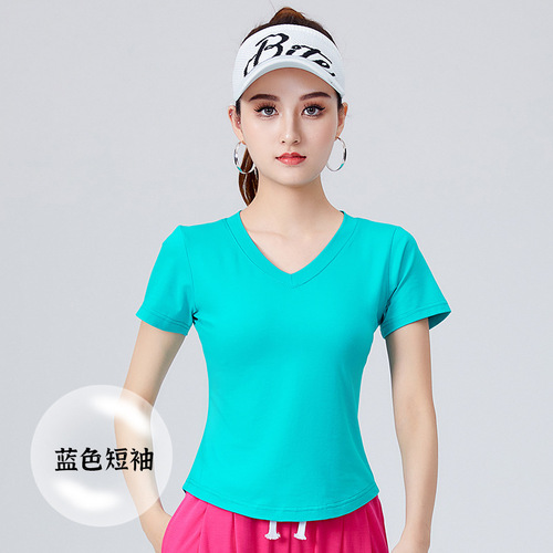 New Square Dance Costume V-Short Sleeve Top, Fashion Fitness Aerobics Dance Team Clothing, Female Dance Practice Suit
