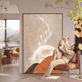 手绘油画九鱼图客厅挂画沙发背景墙现代简约玄关装饰画侘寂风壁画