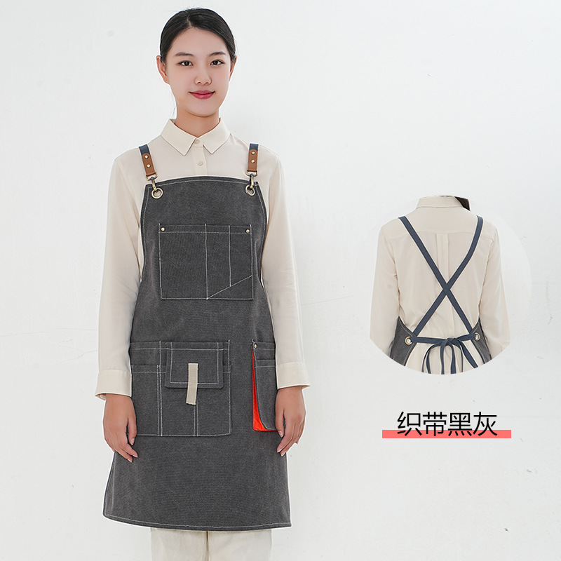 Amazon grueso delantal de lona cinturón de cinta opcional multi-Bolsillo cafetería Barber monos delantal por mayor