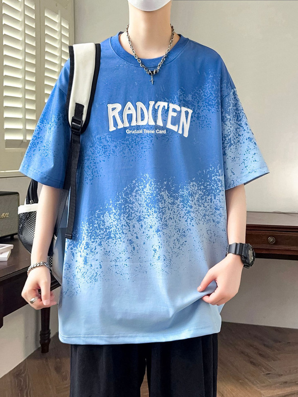 2025夏季新款男士青少年休闲帅气潮流阔版短袖T恤渐变色初高中生|undefined