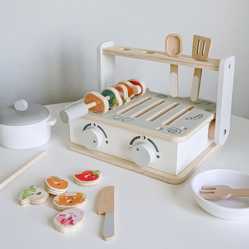 Children's wooden portable mini kitchen play house gas stove toy children's cooking and cooking set simulation tableware