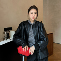 ELSISSI黑色无领长袖皮衣外套女2025秋季新款中长款仿皮革皮夹克