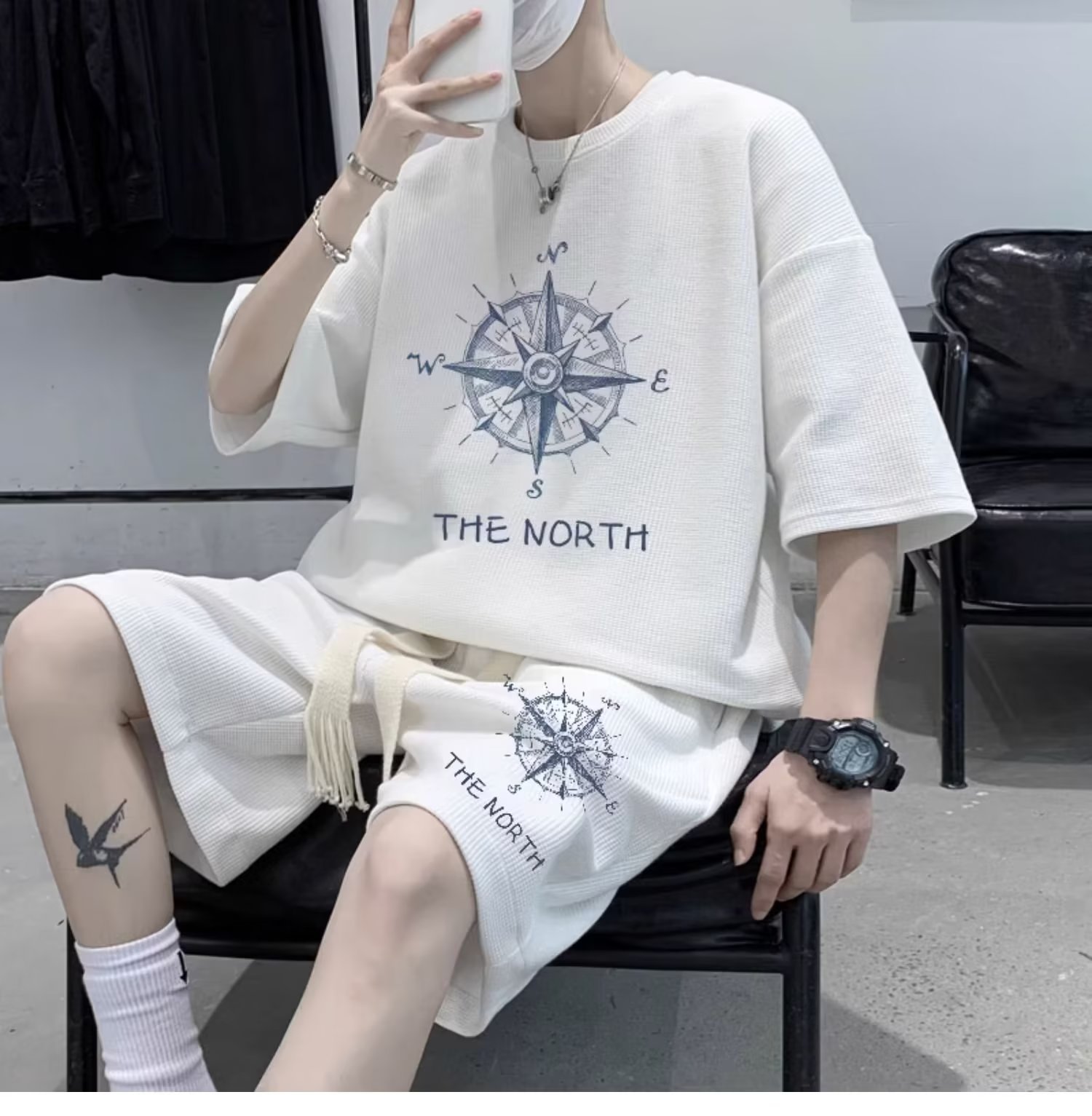 Verano waffle deportes traje casual hombres sueltos más tamaño de manga corta Camiseta pantalones cortos conjunto guapo moda a juego