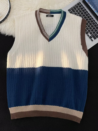 Japanese Retro Knit Sweater Casual Backless Vest Cardigan Men and Women Color Block V-Neck Hooded Wool Sweater