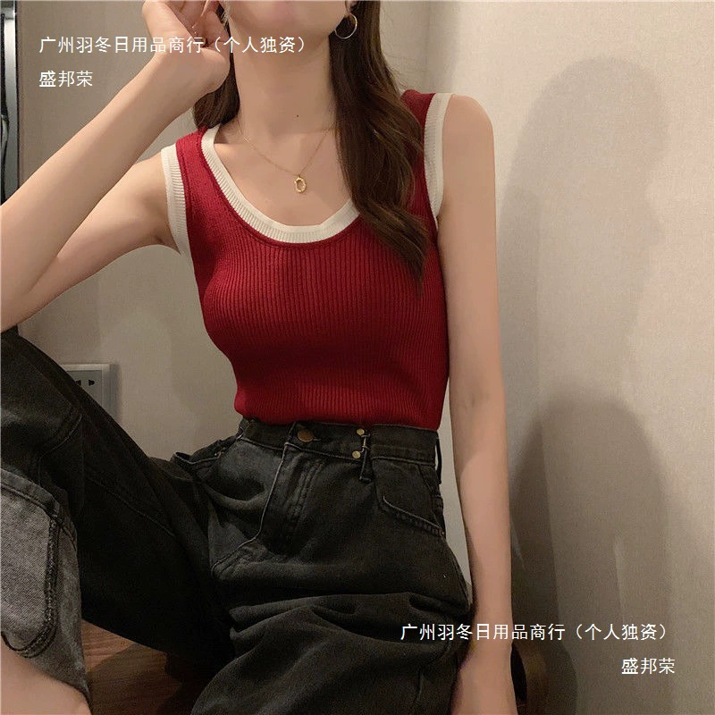 Тонкий красный жилет из двух частей на подтяжках для женщин, который можно носить внутри лета, новый вязаный топ без рукавов в стиле Хепберн для женщин