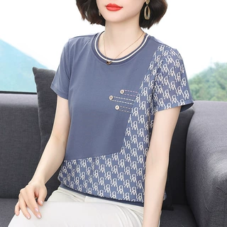 时尚拼接纯棉短袖T恤女夏季2024年新款中年妈妈大码女装上衣批发