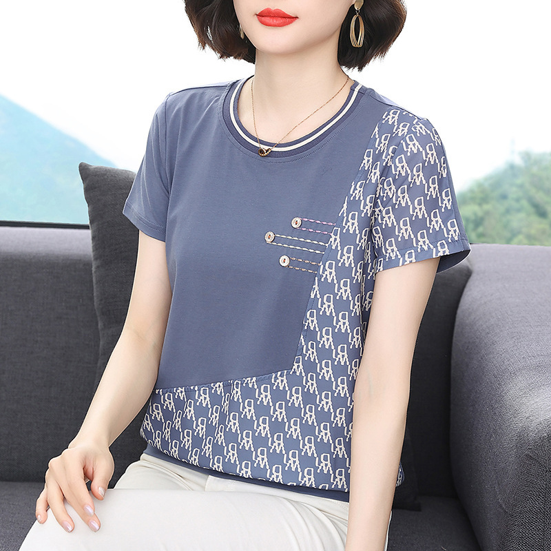 Fashion Splicing Pure Cotton Short-Sleeved T-Shirt for Women Summer 2024 New Middle-Aged Mother Plus Size Women's Tops Wholesale