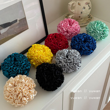 MONA同款头花绣球红色发圈优雅缎面大肠圈褶皱花边发饰扎丸子头饰