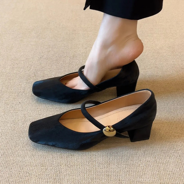 Elegant leather blue Mary Jane shoes square toe low-cut with a strap
