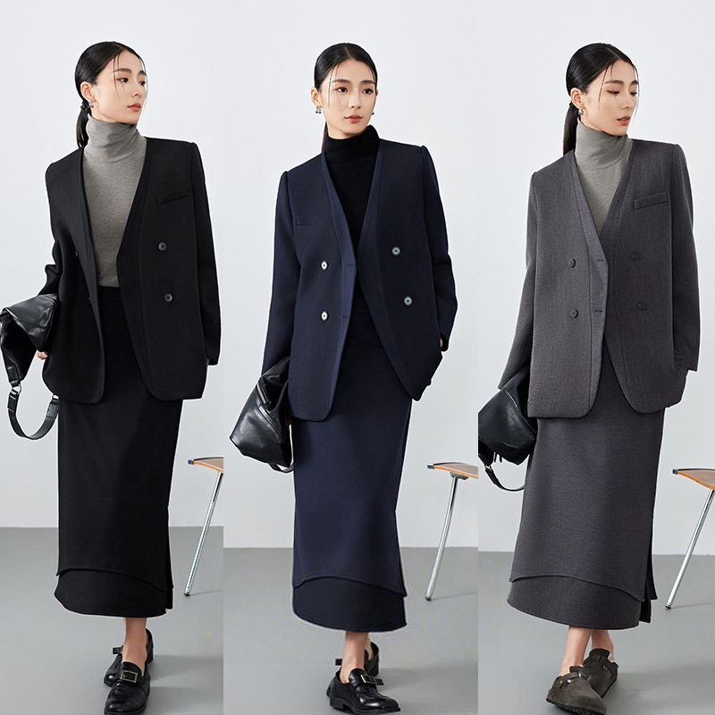 Áo vest nữ cổ V tay dài dáng suông một hàng nút phong cách thanh lịch — Váy Midi Breeveca, Váy màu xanh hải quân, Váy màu xám khói, Váy màu đỏ tía