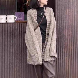 新款秋冬25慵懒风100纯羊毛开衫女V领中长款宽松外套打底毛衣