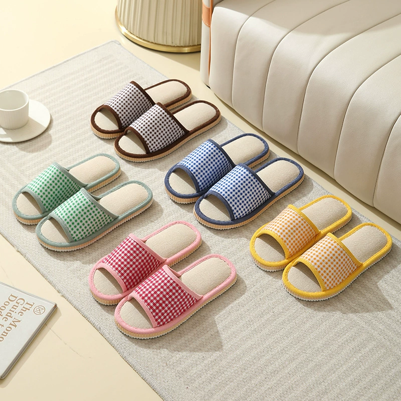 Новые льняные тапочки в клетку для дома, женские и мужские, нескользящие, с мягкой подошвой, оптом