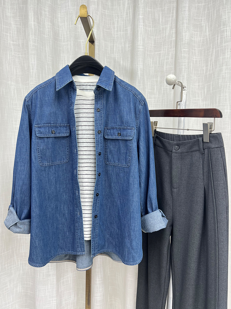 Áo sơ mi denim phong cách Hồng Kông cổ điển dáng rộng, mặc nhiều lớp — màu xanh