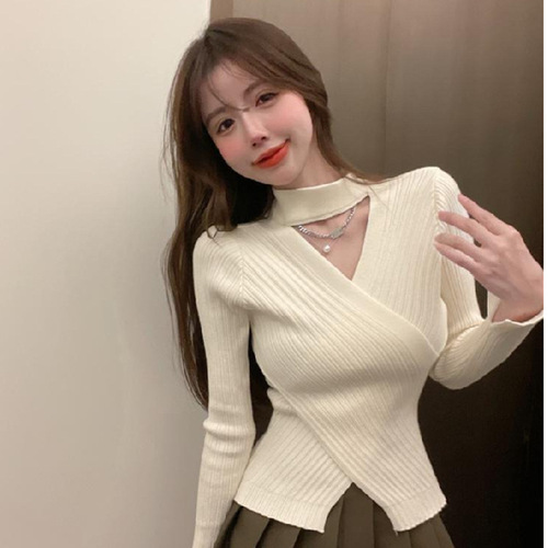 Stylish Cross-Neck Sweater for Women, Designed for Autumn/Winter, Sexy and Unique Top, Fashionable Long-Sleeve Knitwear