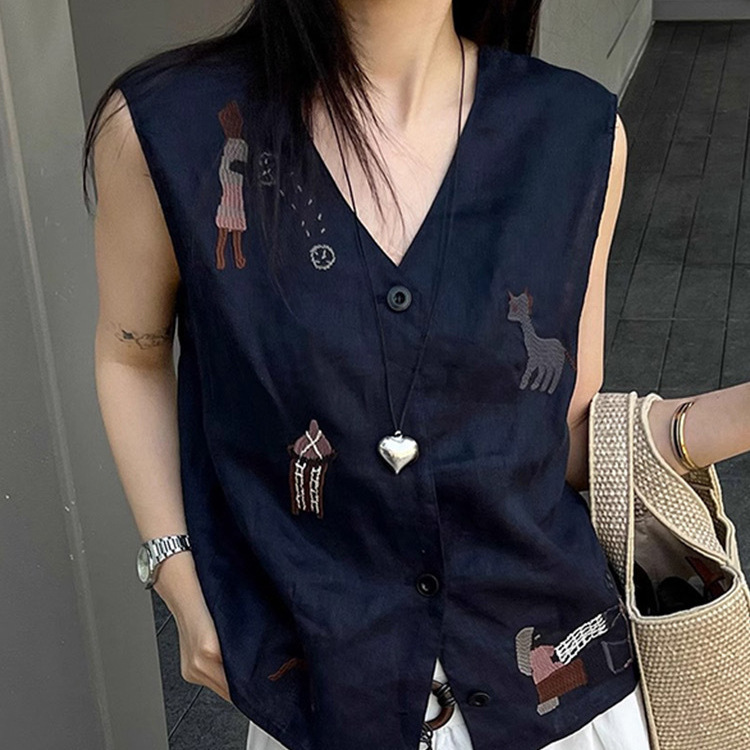 漫画刺繍 V ネックリネンベスト夏薄いベストデザイン気質アウターノースリーブ甘いトップ女性のための|undefined