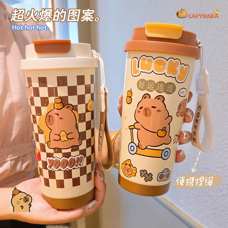 卡皮巴拉儿童保温杯双饮口水杯可爱女孩上学专用便携学生吸管杯子|undefined